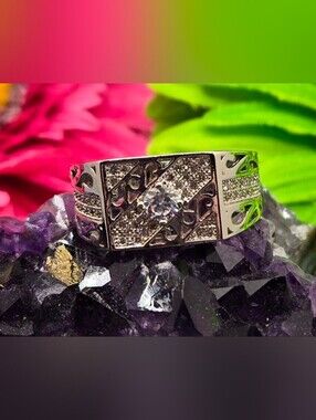 Men's Pavé Cubic Zirconia Signet Ring Silver Tone Size 8¾